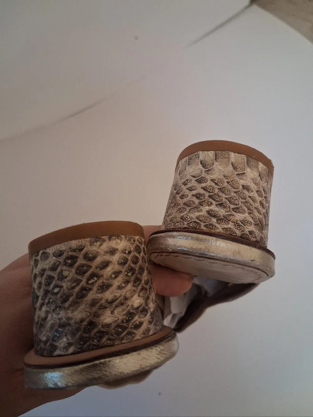 Donald J. Pliner Beige Stretch Slide Sandals Snake Print Block Heel Size 7